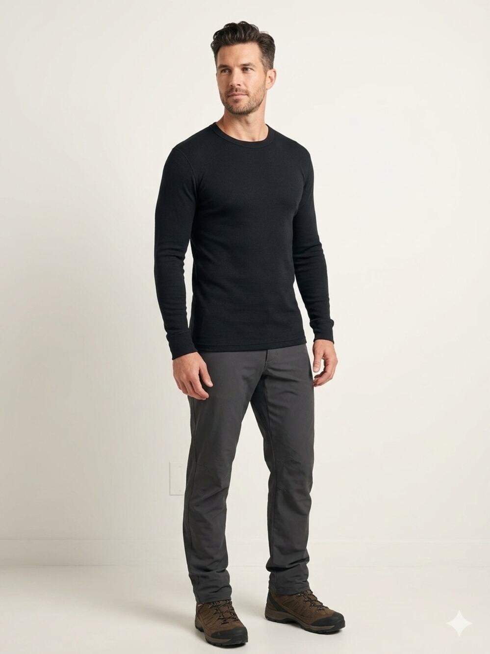 MerinoSkins Men's Black Long Sleeve Thermal Base Layer Crewneck Shirt Large